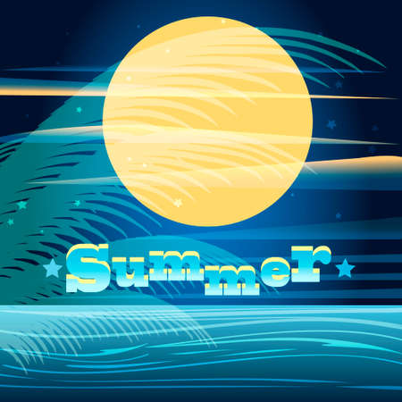 illustration of summer night seascape with full moon and palm leavesのイラスト素材