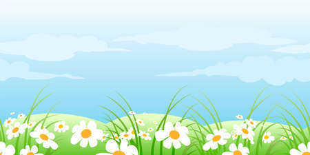 horizontal seamless pattern with green summer meadow のイラスト素材