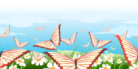 horizontal seamless pattern with green summer meadow and flying butterfliesのイラスト素材