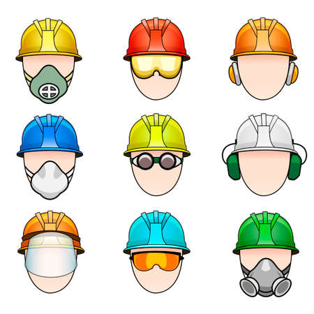 Vector set of colorful human icon with various protective workwear のイラスト素材