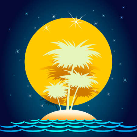 A vector illustration of tropical island in the sea against full moon and stars in midnight skyのイラスト素材