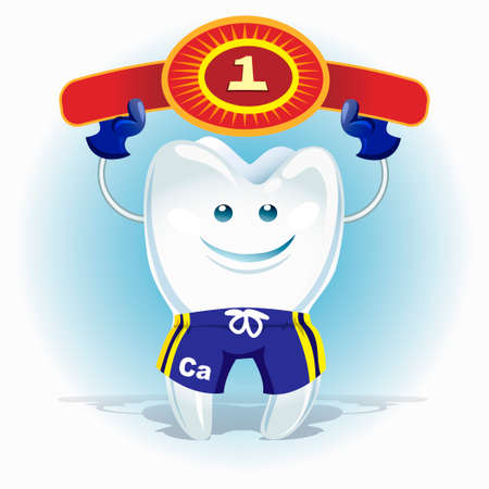 illustration of healthy tooth in fighter pants and gloves with winner awardのイラスト素材