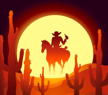 illustration of rider in mexican desert at the sundown hour のイラスト素材