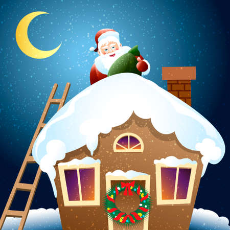 vector illustration of Santa Claus with gift on a roofのイラスト素材