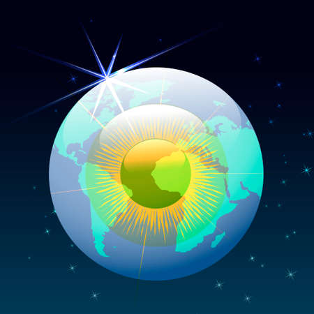 illustration of  human eyeball with world geographic contours which flying in a spaceのイラスト素材