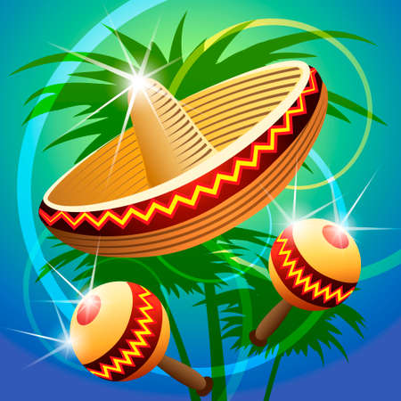 vector illustration of mexican carnival hat and maracasのイラスト素材