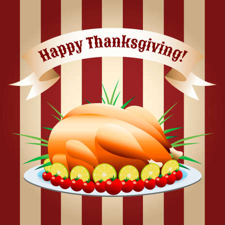 vector illustraton of prepared turkey on a tray and ribbon drawn in retro styleのイラスト素材