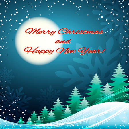 Chrismas and New Year festive illstration with pine trees and full moonのイラスト素材