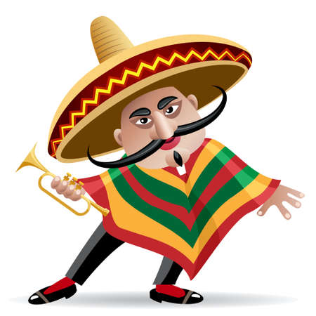 illustration of mexican musician in sombrero with trumpet drawn in cartoon styleのイラスト素材