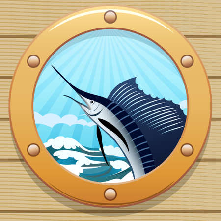 Illustration of sailfish jumping out of a water in a wessel windowのイラスト素材
