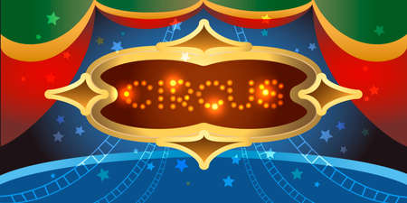 Circus board with shining lamps against stage drawn in a poster styleのイラスト素材