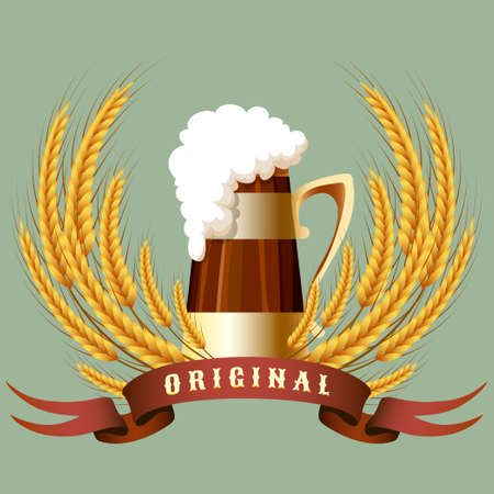 Illustration of beer mug and cereal ears behind a banner drawn in retro styleのイラスト素材