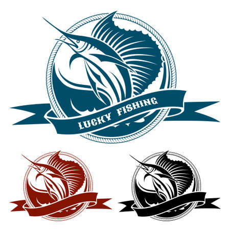 Retro nautical label with jumping sail fish drawn in three colors isolated on whiteのイラスト素材