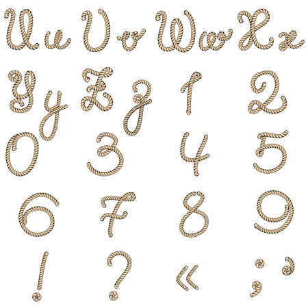 Old rope hand drawn alphabet letters from U to Z and numbersのイラスト素材