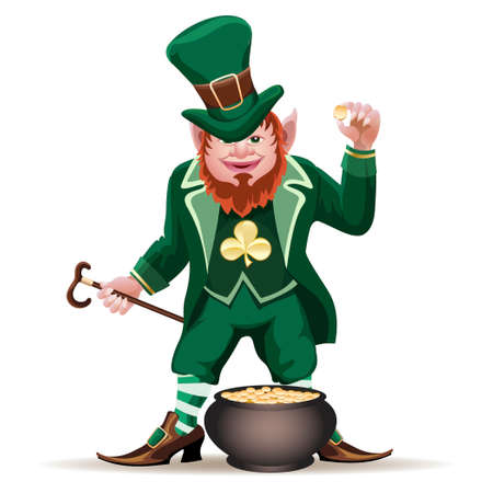 Illustration of smiling leprechaun with a cauldron full of golden coins  isolated on whiteのイラスト素材