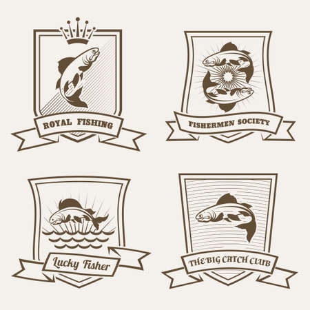 Set of labels or badges with salmon fish drawn in retro monochrome styleのイラスト素材