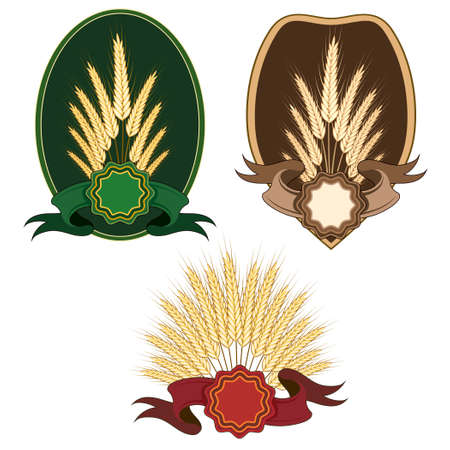 Set of ears of wheat or barley and color ribbons for agricultural production design. Isolated on white.のイラスト素材