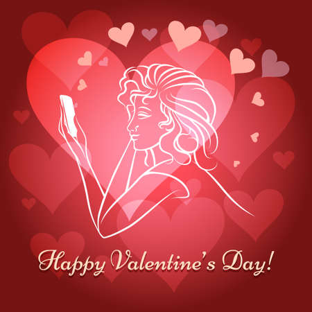 Illustration of young girl with mobile phone sending love messages against shining hearts and wording Happy Valentine's Dayのイラスト素材