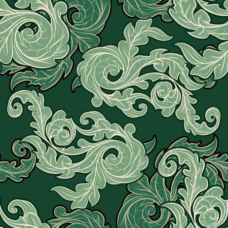 Seamless background with ornate leaves drawn in vintage style.のイラスト素材