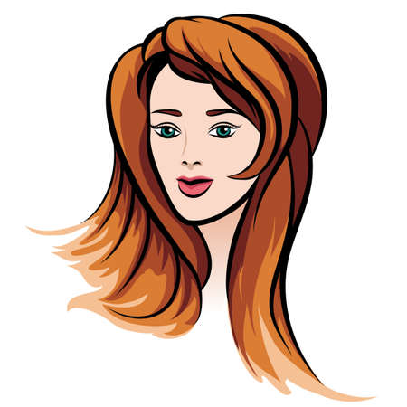 illustration of young girl with long red hair drawn in cartoon style. Isolated on white background.のイラスト素材