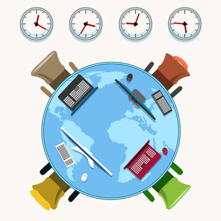 Office table with working places, chairs and various time zone clocks as modern global business conception.のイラスト素材