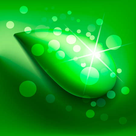 Dew drop with sparkle and bubbles on green background.のイラスト素材