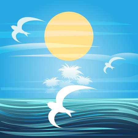 Sunny seascape with flying seagulls and tropical islandのイラスト素材