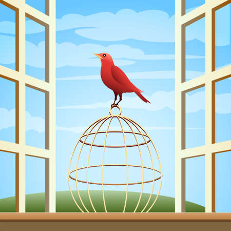Songbird sitting on a cage in open window.のイラスト素材