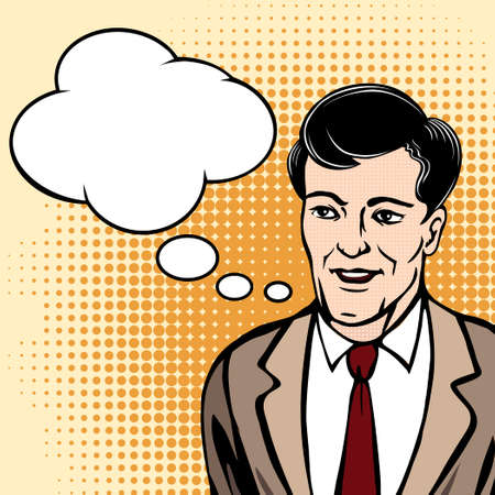 Speaking man in suit with speech bubble drawn in retro half tone styleのイラスト素材