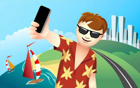 Illustration of young man making selfie during vacation time.のイラスト素材