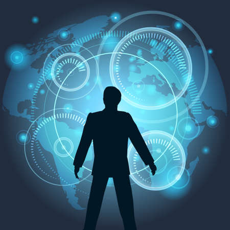 Illustration of man in process of management drawn in futuristic style.のイラスト素材