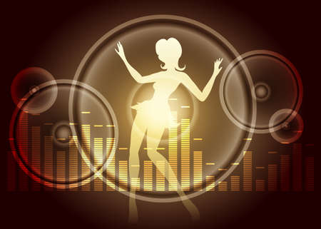 Graphic equalizer with loud speakers and dancing silhouette on dark background.のイラスト素材