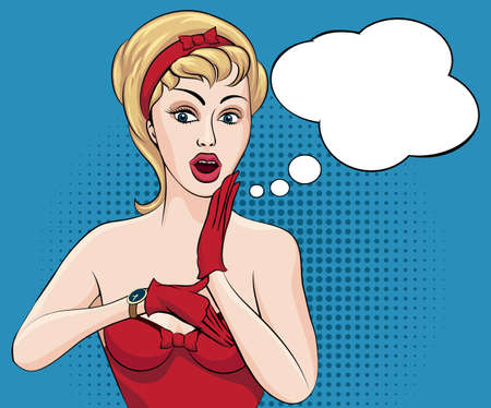 Pretty girl looking at wrist watch drawn in retro comic style.のイラスト素材