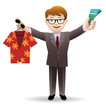 Joyful young man in office suit with ticket, tropical shirt and sunglasses in hands. Isolated on white background.のイラスト素材