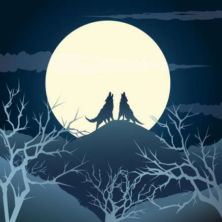 The howling wolves on a hill against full moon.のイラスト素材