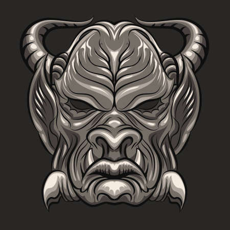 Ancient ritual mask of demon. No gradient used. Isolated on dark gray background.のイラスト素材