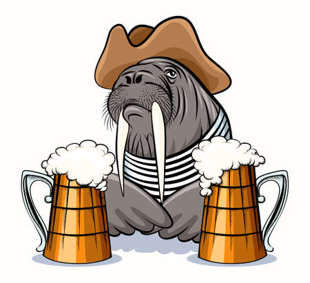 Humorous illustration of walrus with mugs full of beer. Isolated on white background.のイラスト素材