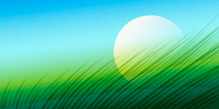 Colorful illustration of green meadow and rising sun.のイラスト素材