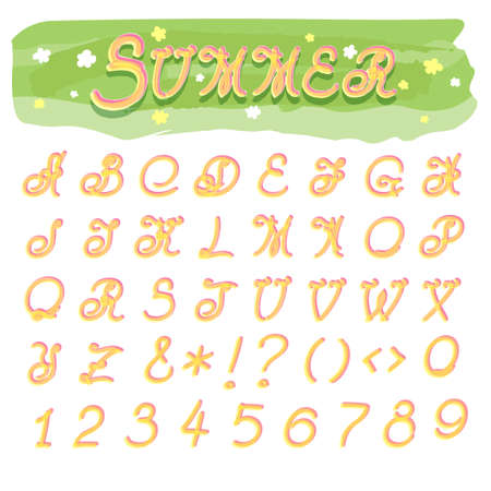 Hand draw summer colorful alphabet - capital letters and numbers. Isolated on white background.のイラスト素材