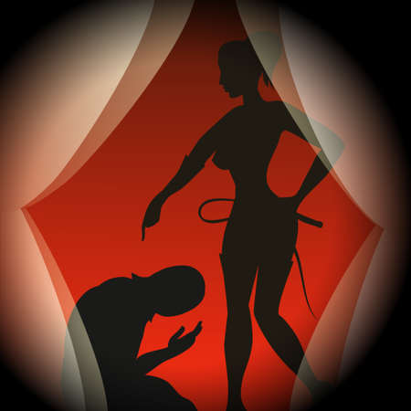 Silhouettes of man in mask and lady with a whip in mistress uniform.のイラスト素材