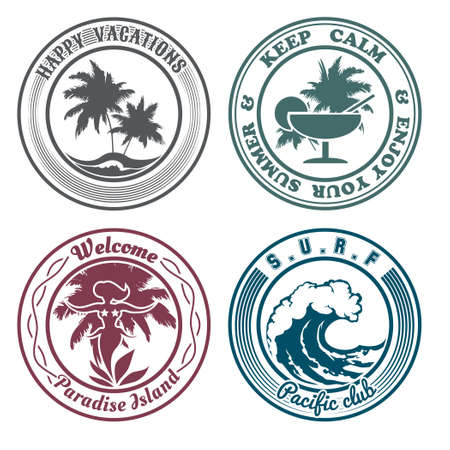 Set of summer holidays stamps or seal with design elements. Palm trees, cocktail, hula dancer, surf wave. Isolated on white background. No gradient used.のイラスト素材
