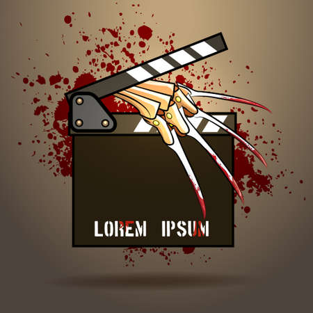Clapperboard with razor glove against blood splashes. Scary or horror movie event design template.Only free font used.のイラスト素材