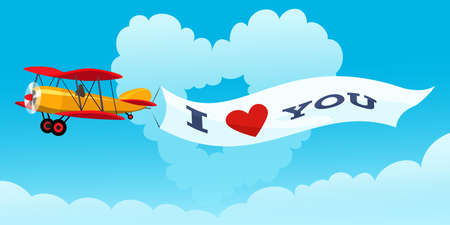 Airplane with love message against heart shaped cloud and blue sky. Only free font used.のイラスト素材