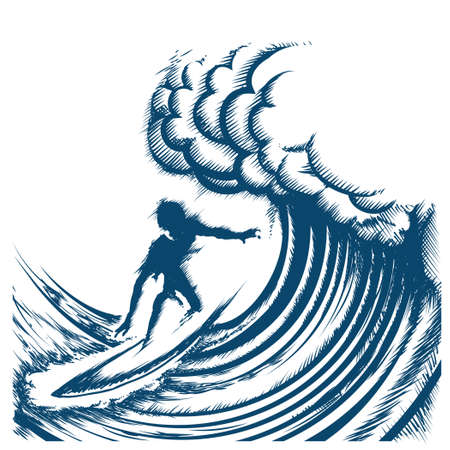 Surfer riding big wave drawn in retro engraving style. Isolated on white Background