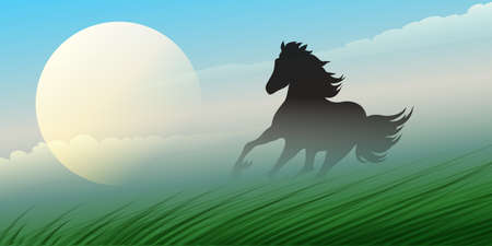 Stallion running in a prairie against rural landscape.のイラスト素材