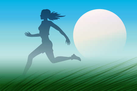 Healthy Run Design template. Young woman running through a meadow early in the morning.のイラスト素材