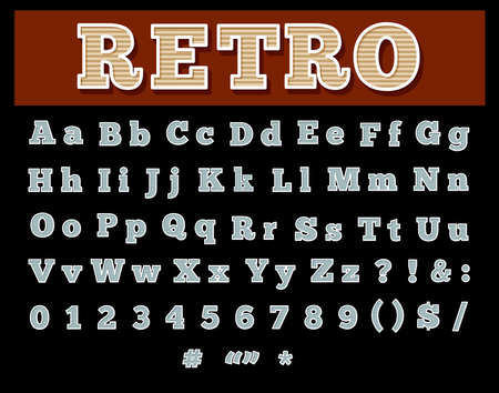 Retro type font, vintage typography style. Capital and lowercase letters, numbers etc. Isolated on black background.のイラスト素材