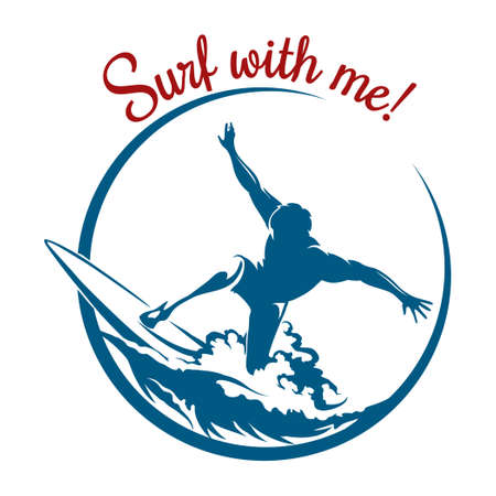 Surf  or emblem design. Surfer rides on a wave and lettering Surf with me. Isolated on white background. Only free font used.のイラスト素材