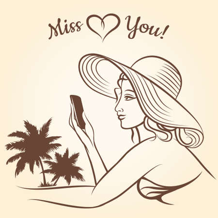 Girl on a beach using mobile phone for text messaging Miss You.のイラスト素材