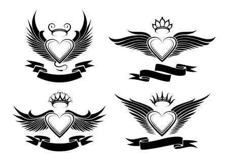 Set of winged hearts in tribal style.のイラスト素材